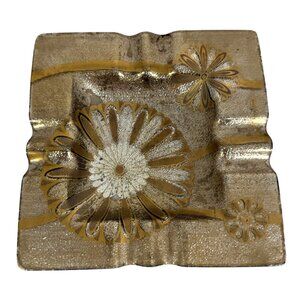 Vintage MCM Reverse Painted Floral Glass Square Ashtray or Candy Dish